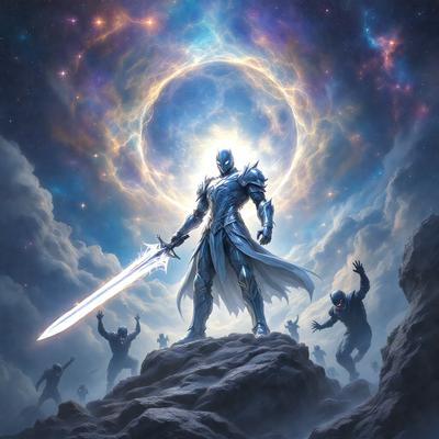 The primary subject of the image is a man dressed in a suit of armor, holding a sword and standing on a rocky surface. The setting is a space with a blue background, and the visual style appears to be a digital art or illustration. The man is the main focus of the image, and the overall atmosphere is dramatic and intense.